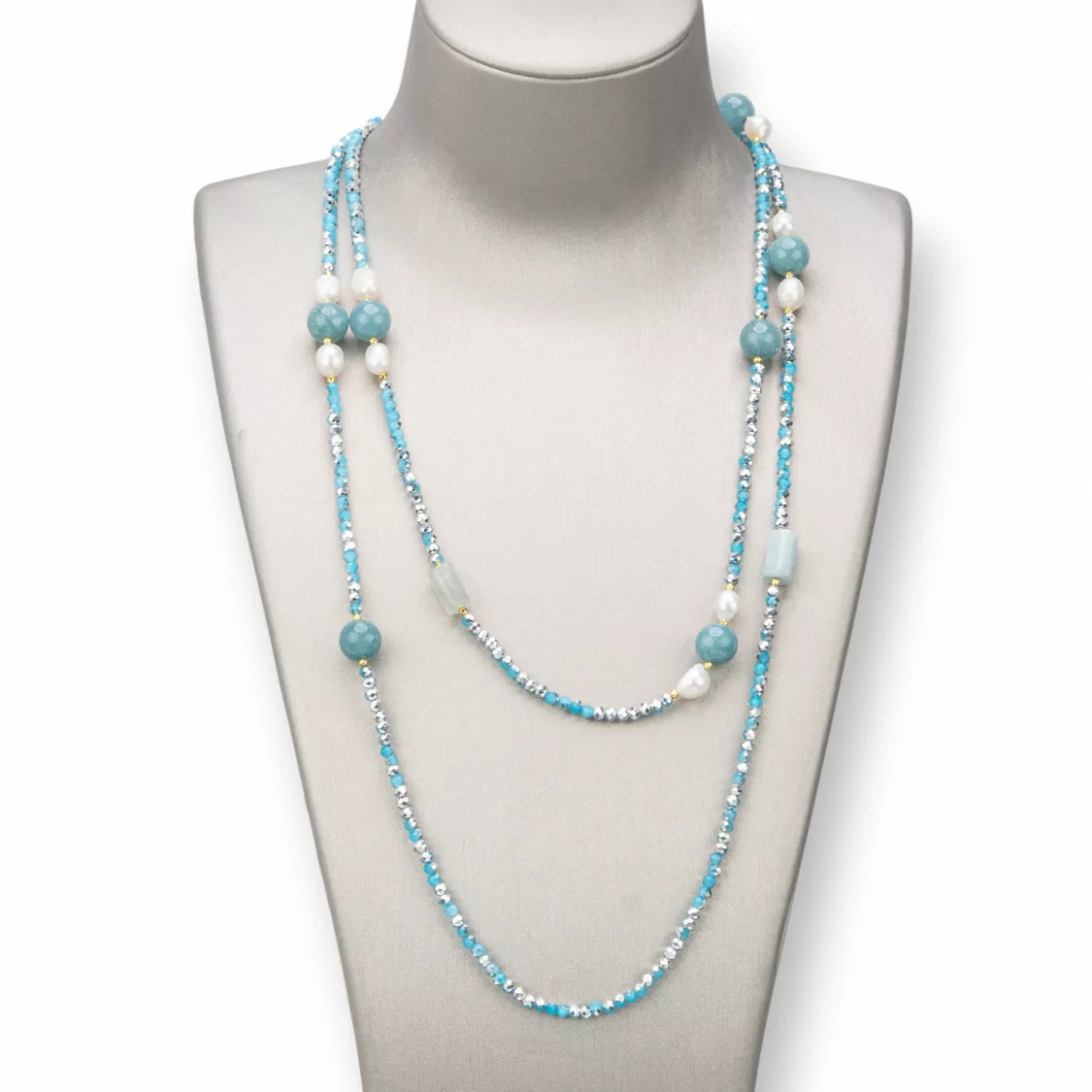 Collana Bijoux Charlestone Di Pietre Dure 10mm, Perle E Cristalli 3mm 160cm Angelite-DESIGN ITALY | Worldofjewel.com