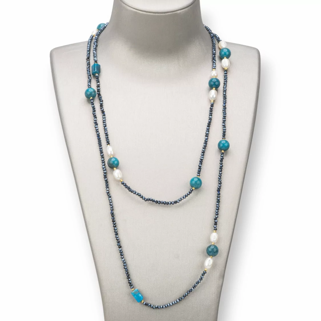 Collana Bijoux Charlestone Di Pietre Dure 10mm, Perle E Cristalli 3mm 160cm Apatite-DESIGN ITALY | Worldofjewel.com