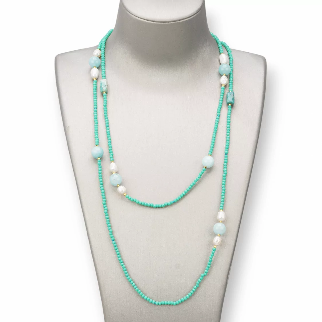 Collana Bijoux Charlestone Di Pietre Dure 10mm, Perle E Cristalli 3mm 160cm Giada Acqua-DESIGN ITALY | Worldofjewel.com