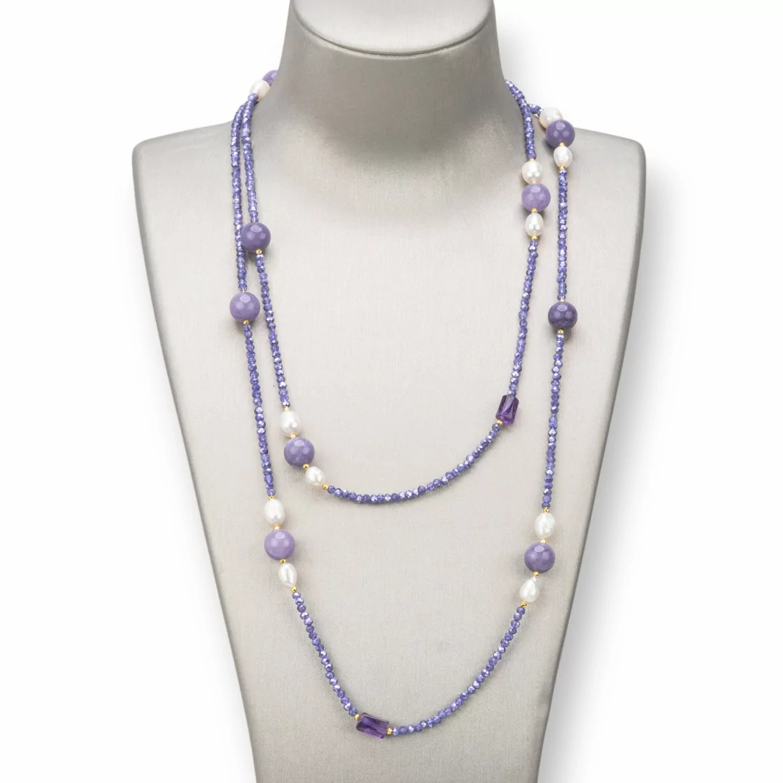 Collana Bijoux Charlestone Di Pietre Dure 10mm, Perle E Cristalli 3mm 160cm Giada Viola-DESIGN ITALY | Worldofjewel.com