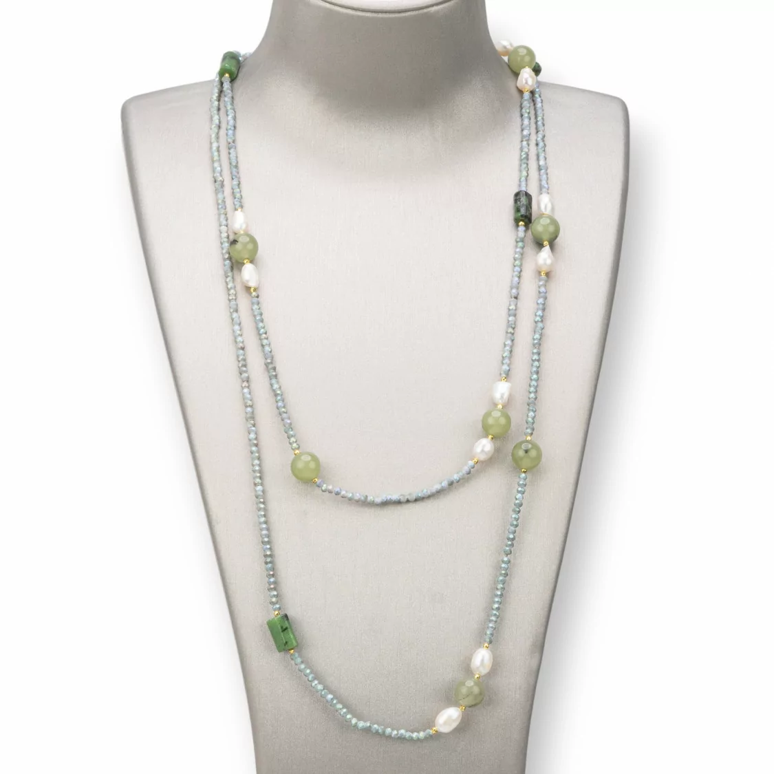 Collana Bijoux Charlestone Di Pietre Dure 10mm, Perle E Cristalli 3mm 160cm Prenite-DESIGN ITALY | Worldofjewel.com