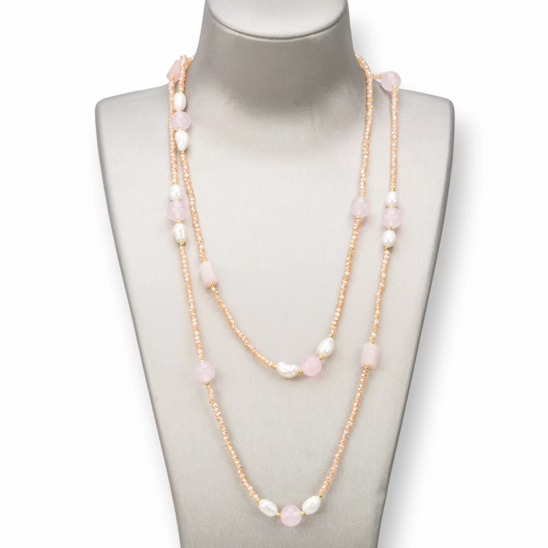 Collana Bijoux Charlestone Di Pietre Dure 10mm, Perle E Cristalli 3mm 160cm Quarzo Rosa-DESIGN ITALY | Worldofjewel.com