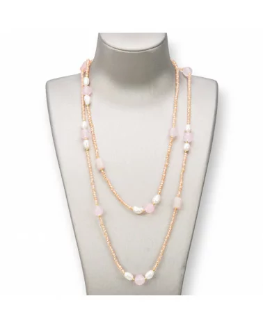 Collana Bijoux Charlestone Di Pietre Dure 10mm, Perle E Cristalli 3mm 160cm Quarzo Rosa-DESIGN ITALY | Worldofjewel.com