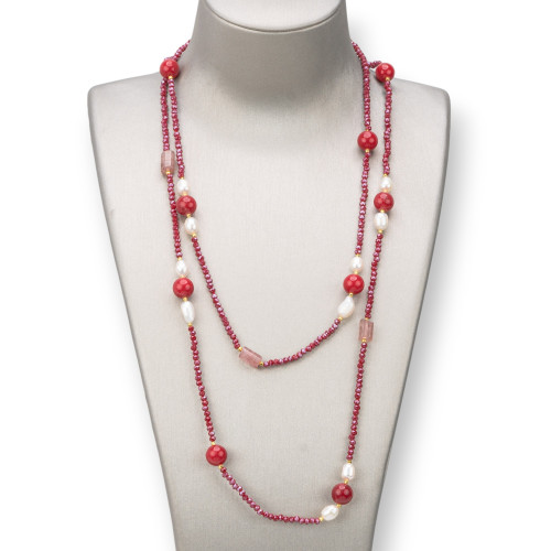 Collana Charlestone Di Pietre Dure 10mm, Perle E Cristalli 3mm 160cm Rosso