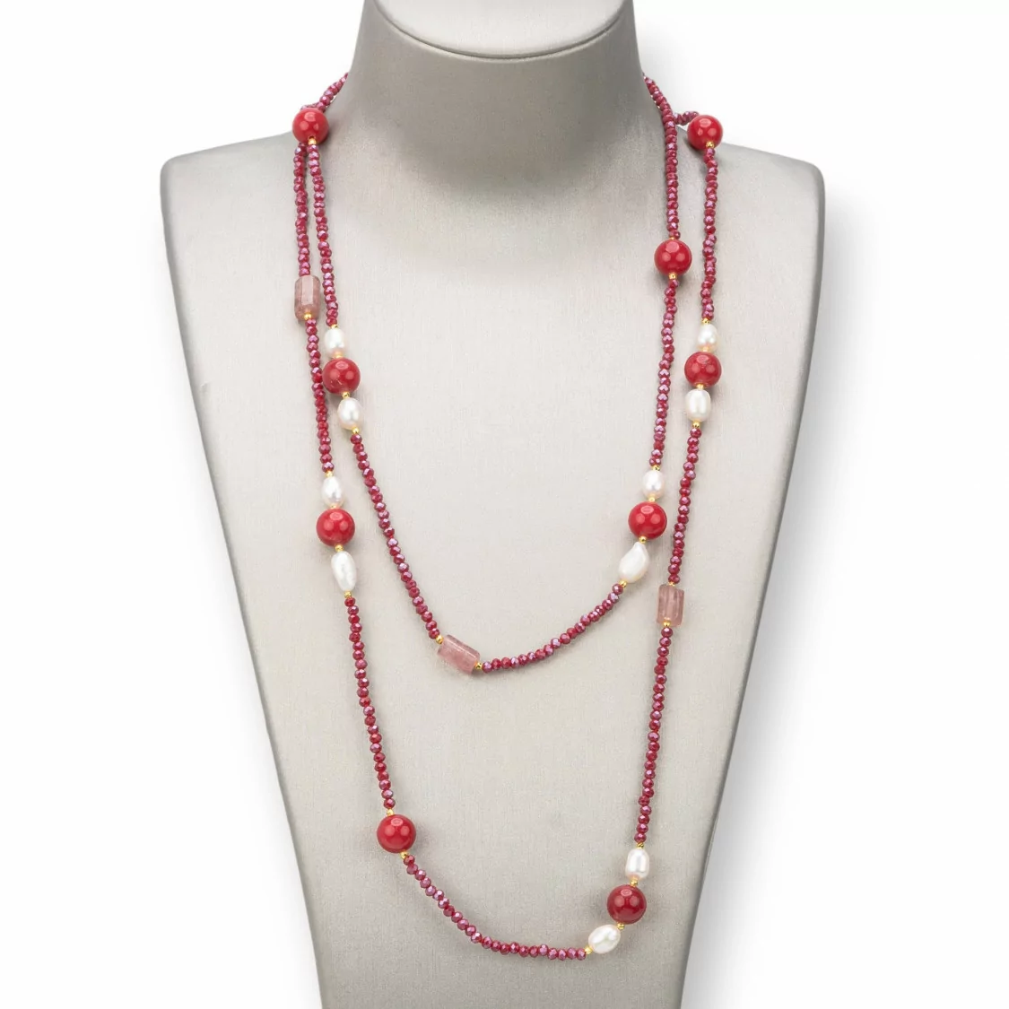 Collana Bijoux Charlestone Di Pietre Dure 10mm, Perle E Cristalli 3mm 160cm Rosso-DESIGN ITALY | Worldofjewel.com