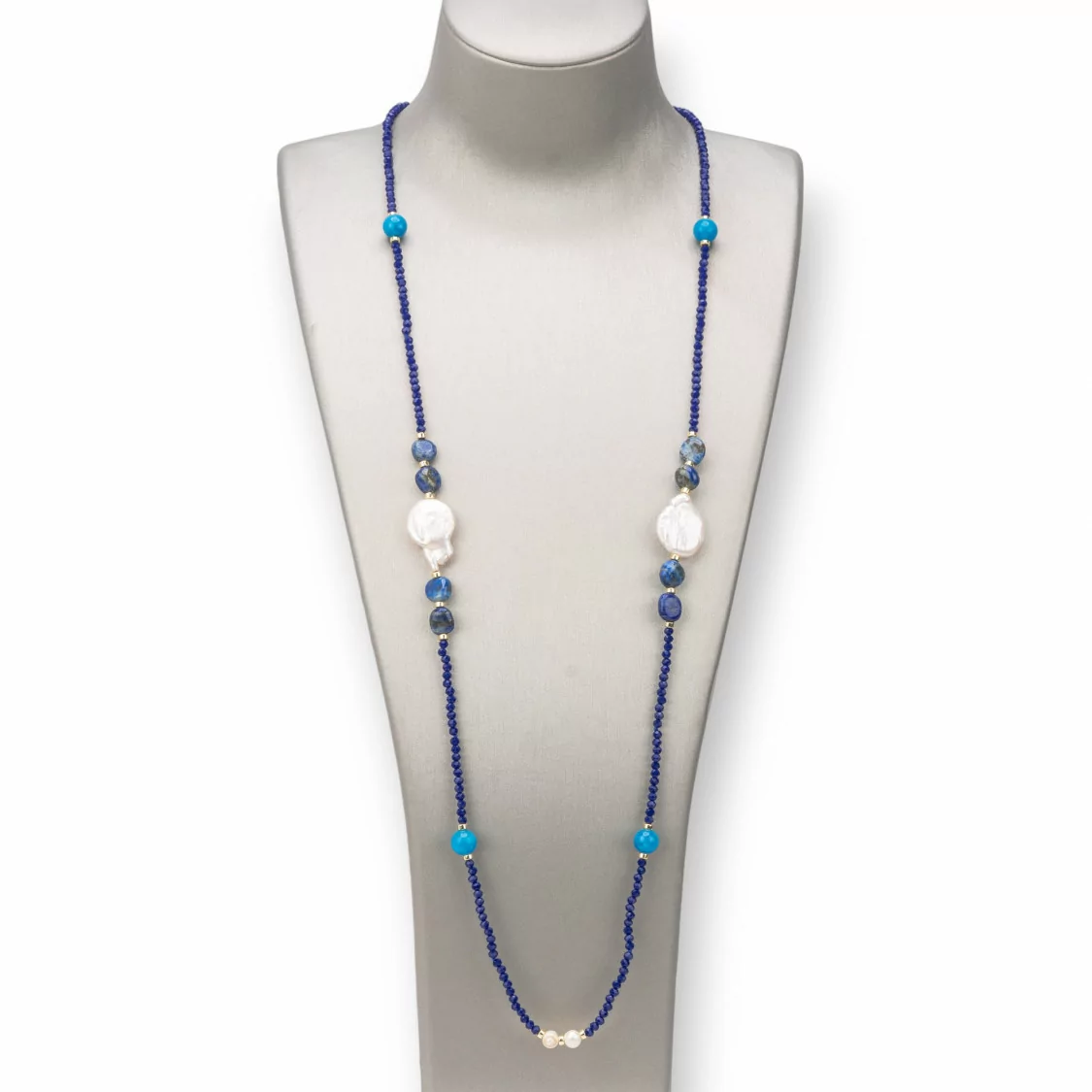 Collana Bijoux Charlestone Di Pietre Dure 8mm, Perle E Cristalli 160cm Blu-DESIGN ITALY | Worldofjewel.com