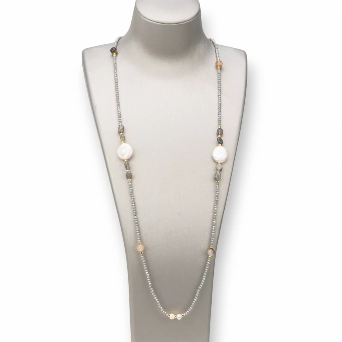 Collana Bijoux Charlestone Di Pietre Dure 8mm, Perle E Cristalli 160cm Grigio-DESIGN ITALY | Worldofjewel.com