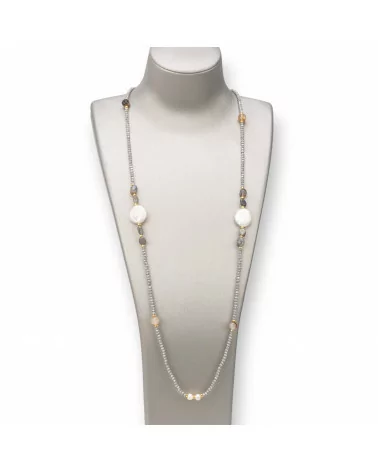 Collana Bijoux Charlestone Di Pietre Dure 8mm, Perle E Cristalli 160cm Grigio-DESIGN ITALY | Worldofjewel.com