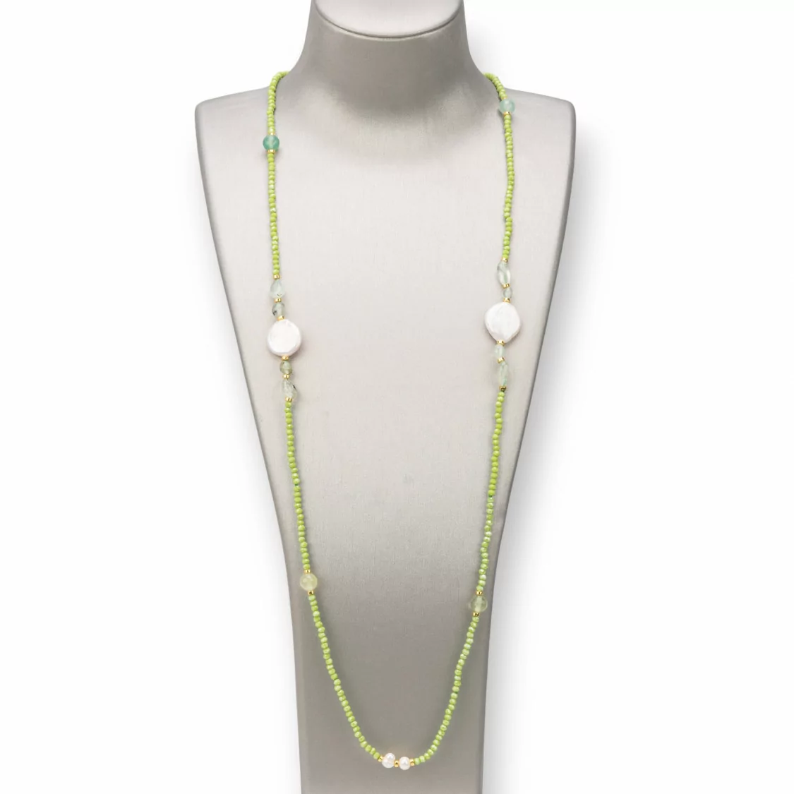 Collana Bijoux Charlestone Di Pietre Dure 8mm, Perle E Cristalli 160cm Verde Acido-DESIGN ITALY | Worldofjewel.com