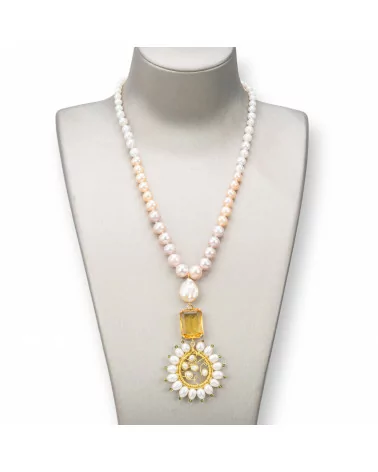 Collana Di Perle Di Fiume A Gradazione Con Chiusura Di Ottone 48cm + Pendente 8,5cm Giallo-COLLANE DI PERLE DI FIUME | Worldofjewel.com