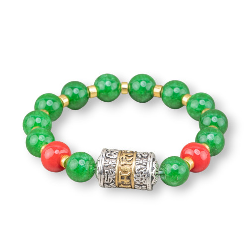 Elastisches Armband mit 10 mm Halbedelsteinen und Hämatit mit grüner Jade-Bronze-Zentrale