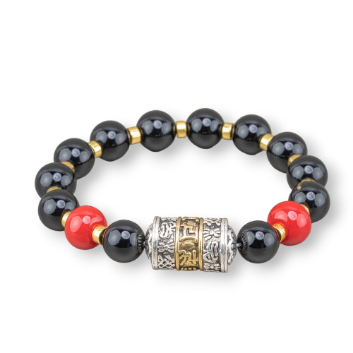 Bracelet élastique avec pierres semi-précieuses de 10 mm et hématite avec centre en bronze onyx