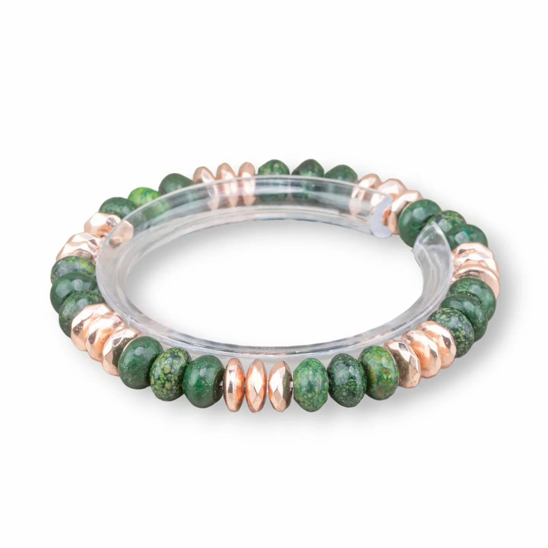 Bracciale Elastico Rondelle Di Pietra Dure 8mm E Ematite Oro Rosa Giada Verde-BRACCIALI DI PIETRE DURE | Worldofjewel.com