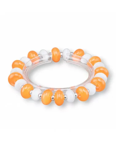 Bracciali Elasticizzato Di Occhio Di Gatto 12mm E Ematite Arancio+Bianco Rodio-BRACCIALI DI CRISTALLI | Worldofjewel.com