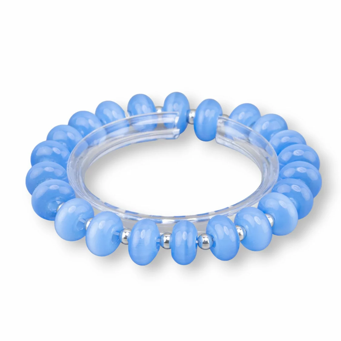 Bracciali Elasticizzato Di Occhio Di Gatto 12mm E Ematite Blu Rodio-BRACCIALI DI CRISTALLI | Worldofjewel.com