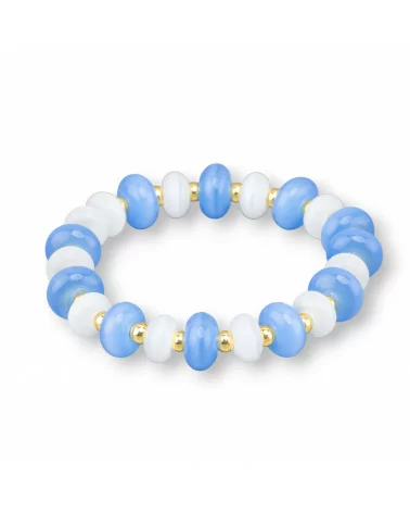 Bracciali Elasticizzato Di Occhio Di Gatto 12mm E Ematite Blu+Bianco Dorato-BRACCIALI DI CRISTALLI | Worldofjewel.com