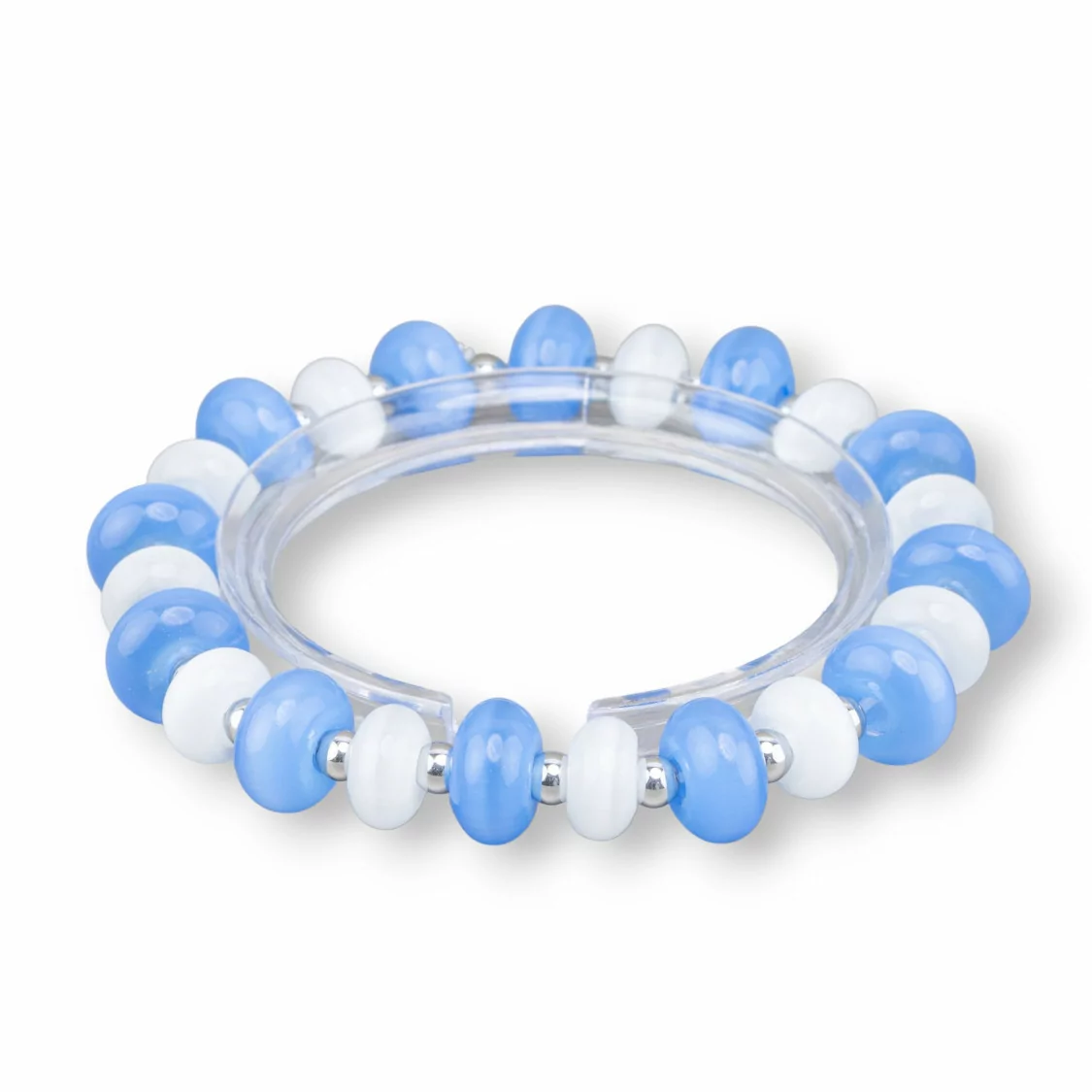 Bracciali Elasticizzato Di Occhio Di Gatto 12mm E Ematite Blu+Bianco Rodio-BRACCIALI DI CRISTALLI | Worldofjewel.com