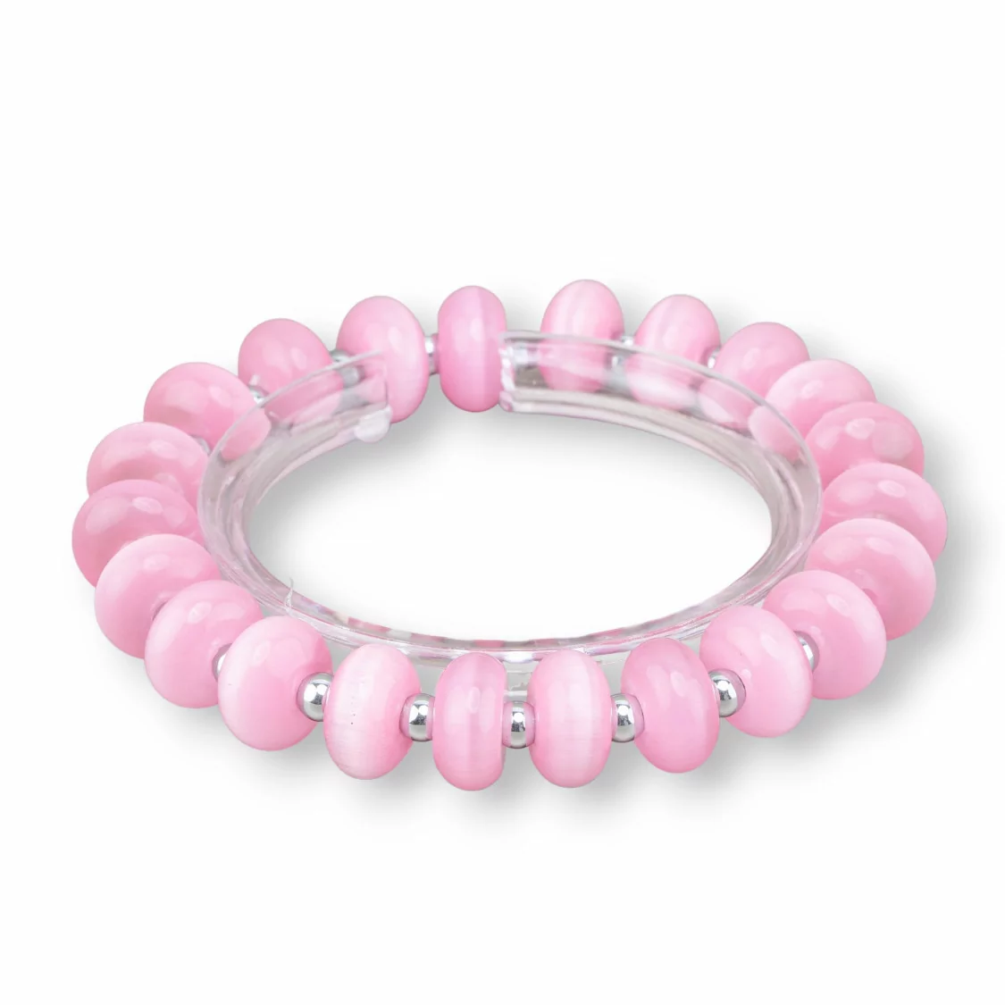 Bracciali Elasticizzato Di Occhio Di Gatto 12mm E Ematite Rosa Rodio-BRACCIALI DI CRISTALLI | Worldofjewel.com