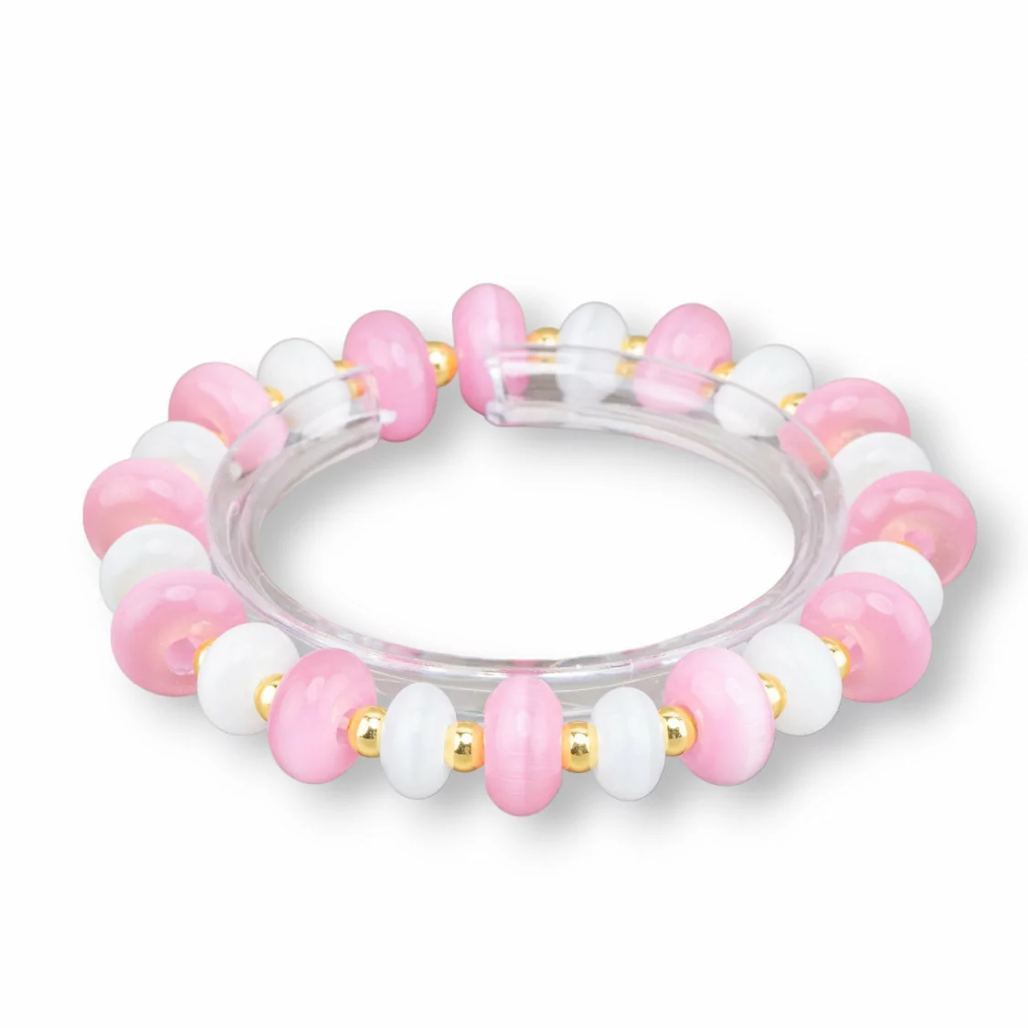 Bracciali Elasticizzato Di Occhio Di Gatto 12mm E Ematite Rosa+Bianco Dorato-BRACCIALI DI CRISTALLI | Worldofjewel.com