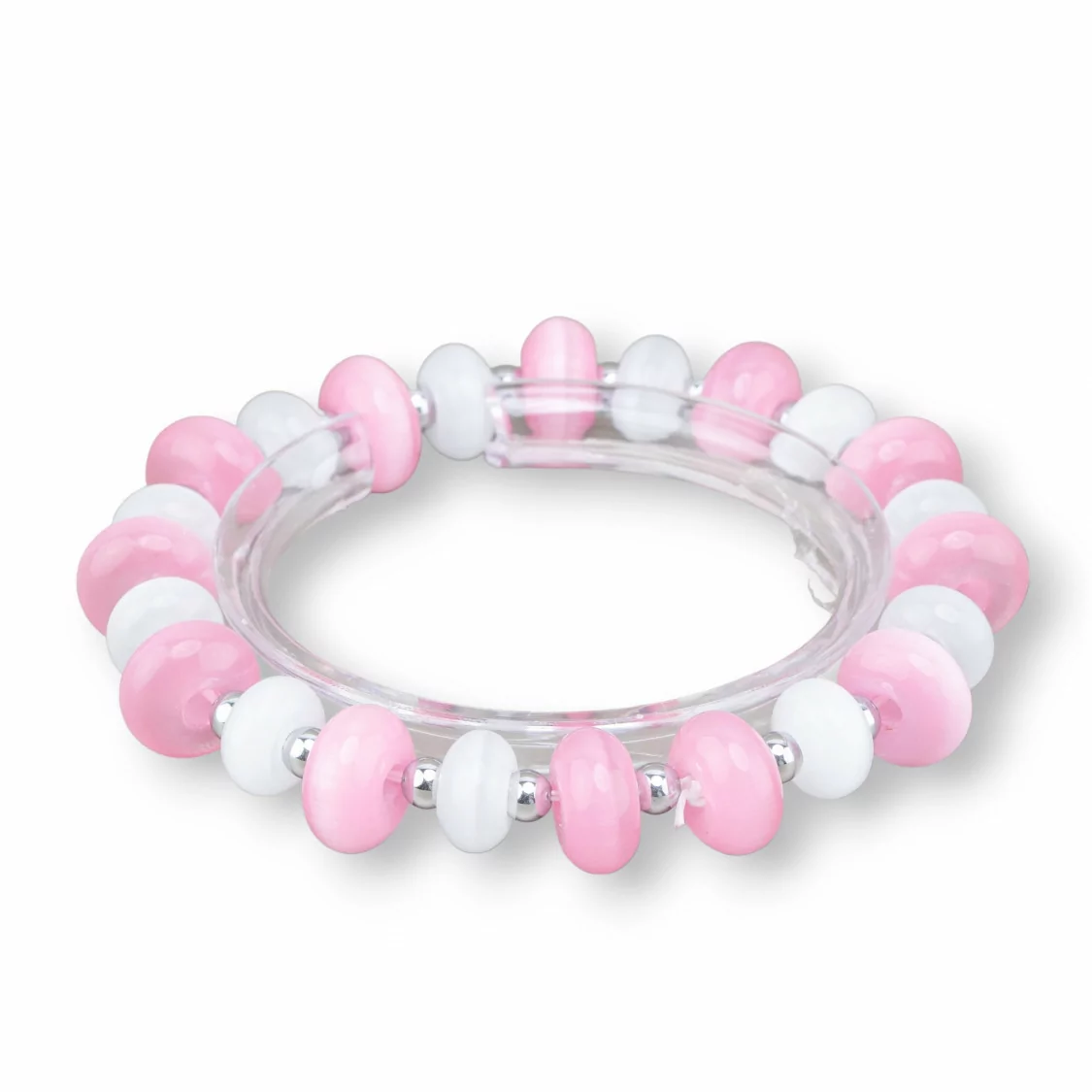 Bracciali Elasticizzato Di Occhio Di Gatto 12mm E Ematite Rosa+Bianco Rodio-BRACCIALI DI CRISTALLI | Worldofjewel.com