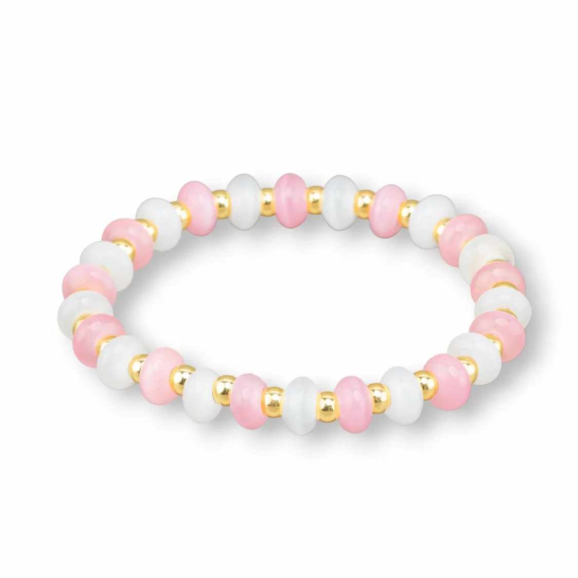 Bracciali Elasticizzato Di Occhio Di Gatto 8mm E Ematite Dorato Bianco+Rosa-BRACCIALI DI PIETRE DURE | Worldofjewel.com