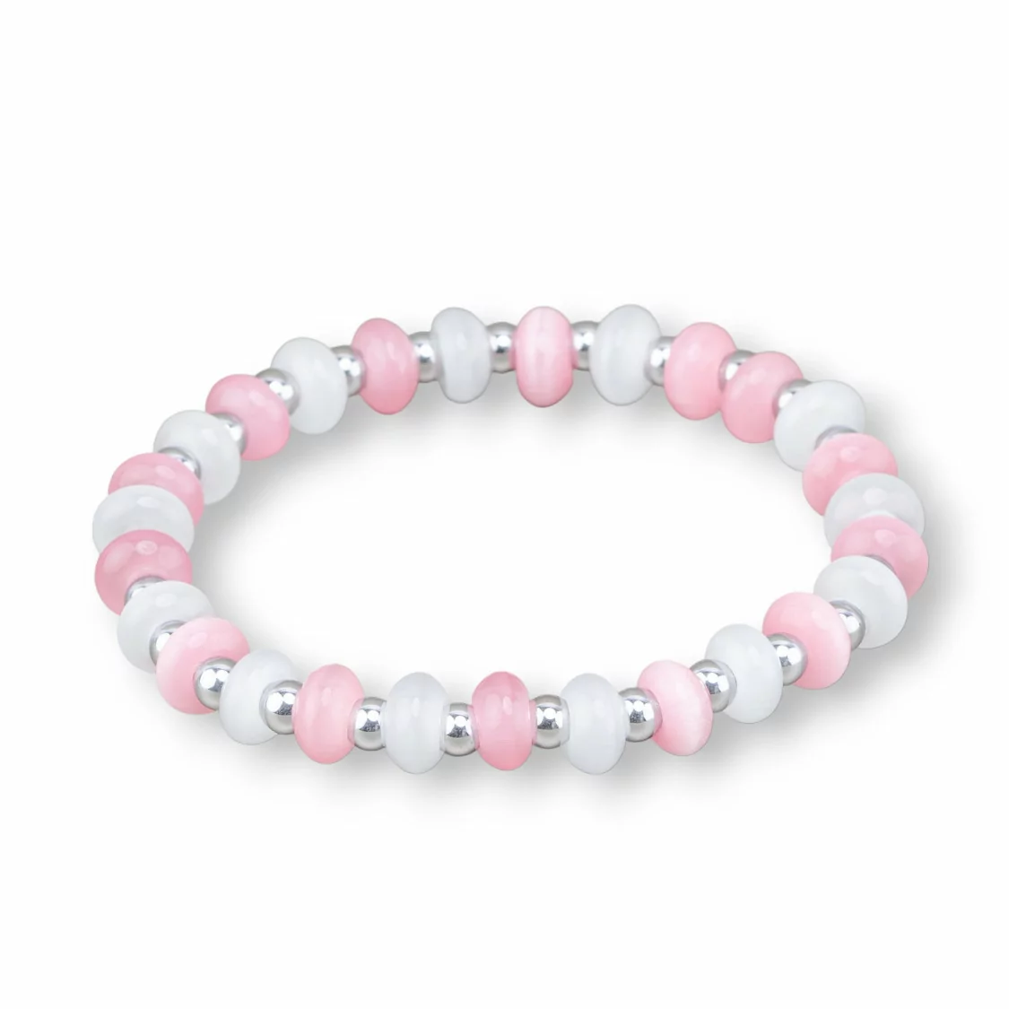 Bracciali Elasticizzato Di Occhio Di Gatto 8mm E Ematite Rodiato Rosa+Bianco-BRACCIALI DI PIETRE DURE | Worldofjewel.com