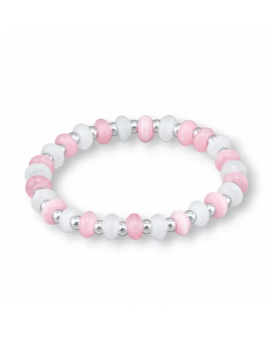 Bracciali Elasticizzato Di Occhio Di Gatto 8mm E Ematite Rodiato Rosa+Bianco-BRACCIALI DI PIETRE DURE | Worldofjewel.com