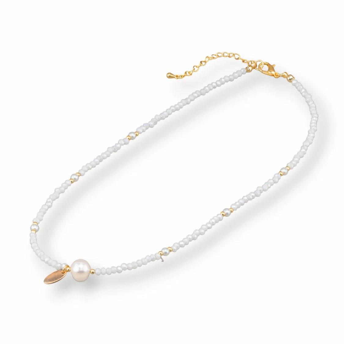 Collana Girocollo Fashion Con Cristalli Perle Di Fiume E Chiusura Di Ottone 40cm+6cm 2pz Bianco-DESIGN ITALY | Worldofjewel.com