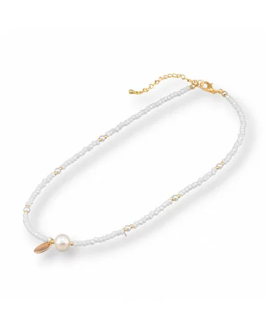 Collana Girocollo Fashion Con Cristalli Perle Di Fiume E Chiusura Di Ottone 40cm+6cm 2pz Bianco-DESIGN ITALY | Worldofjewel.com