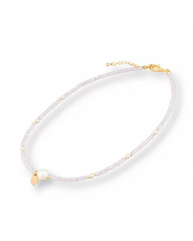 Collana Girocollo Fashion Con Cristalli Perle Di Fiume E Chiusura Di Ottone 40cm+6cm 2pz Rosa-COLLANE BIJOUX | Worldofjewel.com