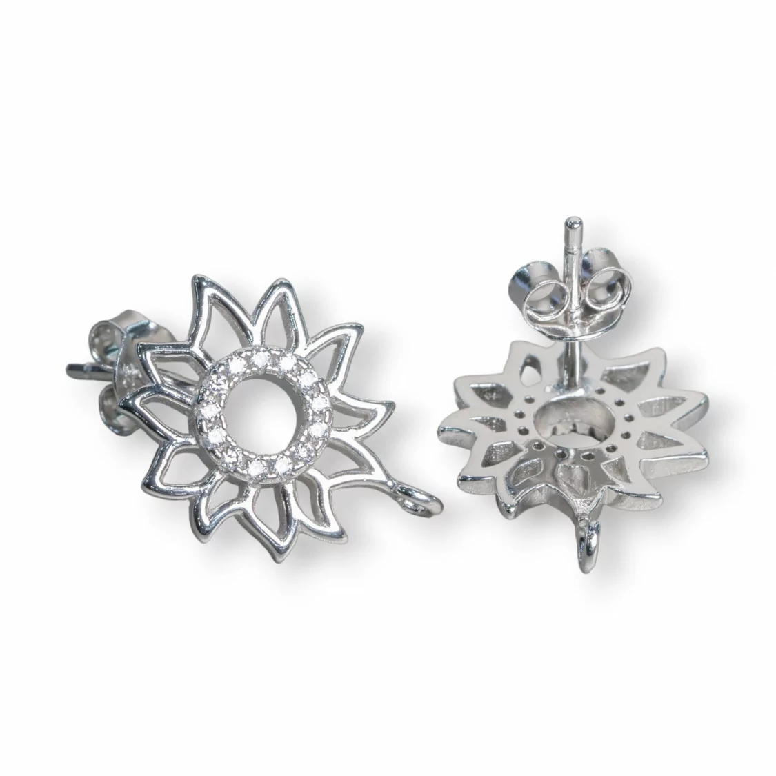 Base Per Orecchini Di Argento 925 Perno Fiore Con Cerchietto Di Zirconi 14mm 3 Paia Rodiato-BASI DI ARGENTO 925 | Worldofjewel.com