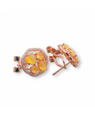 Base Per Orecchini Di Ottone A Perno Chiuso Fiore Con Cabochon Di Occhi Di Gatto Incastonati 16mm 5 Paia Oro Rosa Giallo-BASI CON PIETRE E PERLINE | Worldofjewel.com