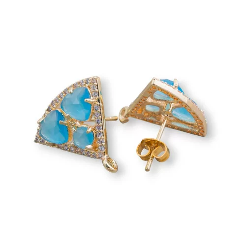 Base Per Orecchini Di Ottone A Perno Triangolo Con Cabochon Di Occhi Di Gatto Incastonati 18x15mm 5 Paia Dorato Azzurro-BASI CON PIETRE E PERLINE | Worldofjewel.com