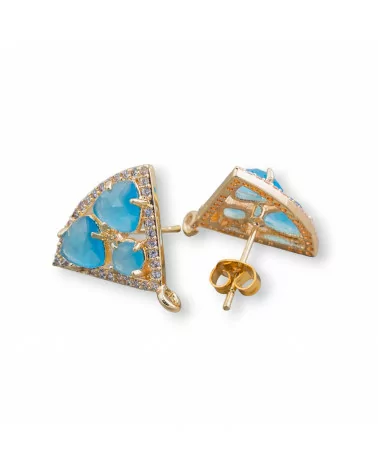 Base Per Orecchini Di Ottone A Perno Triangolo Con Cabochon Di Occhi Di Gatto Incastonati 18x15mm 5 Paia Dorato Azzurro-BASI CON PIETRE E PERLINE | Worldofjewel.com