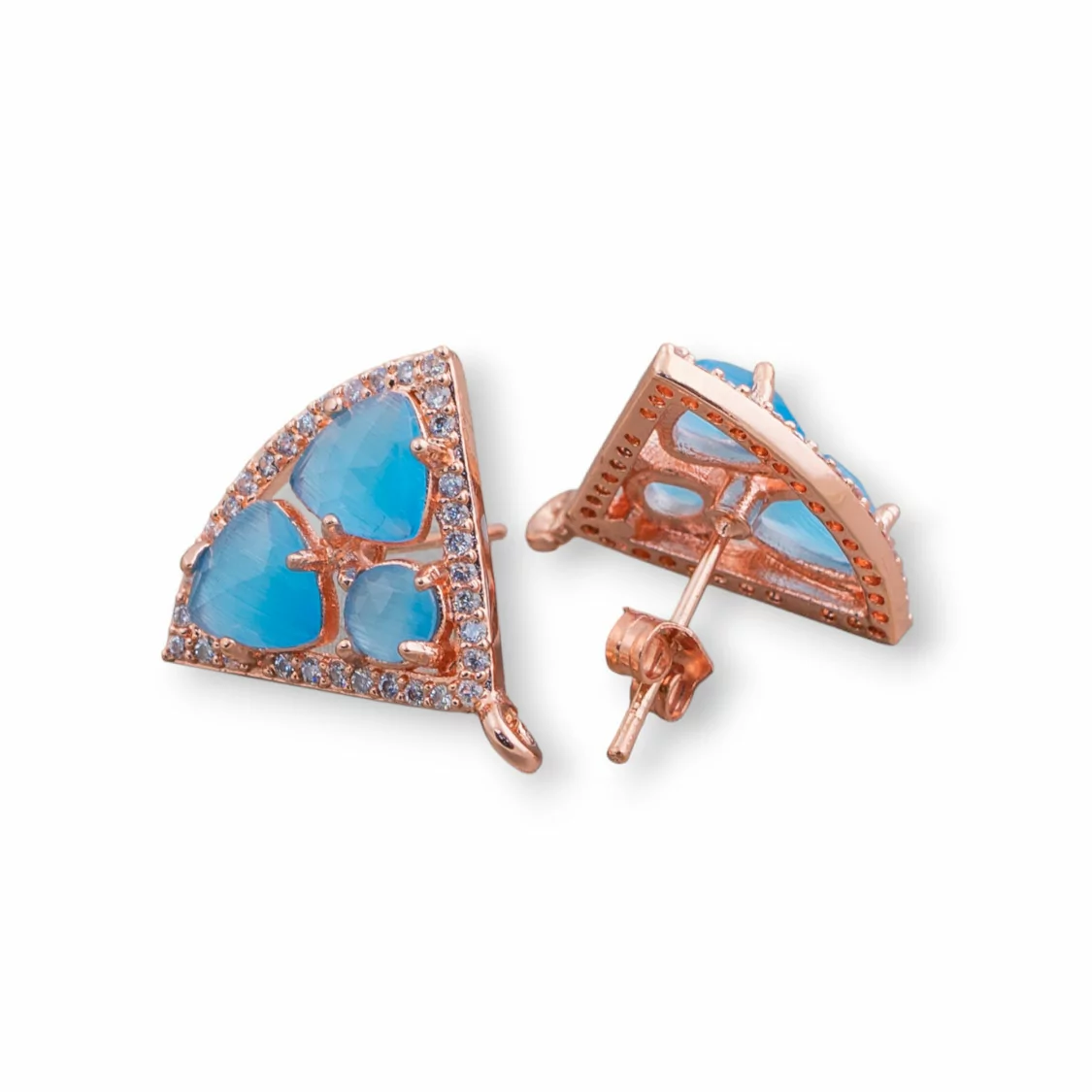 Base Per Orecchini Di Ottone A Perno Triangolo Con Cabochon Di Occhi Di Gatto Incastonati 18x15mm 5 Paia Oro Rosa Azzurro-BASI CON PIETRE E PERLINE | Worldofjewel.com