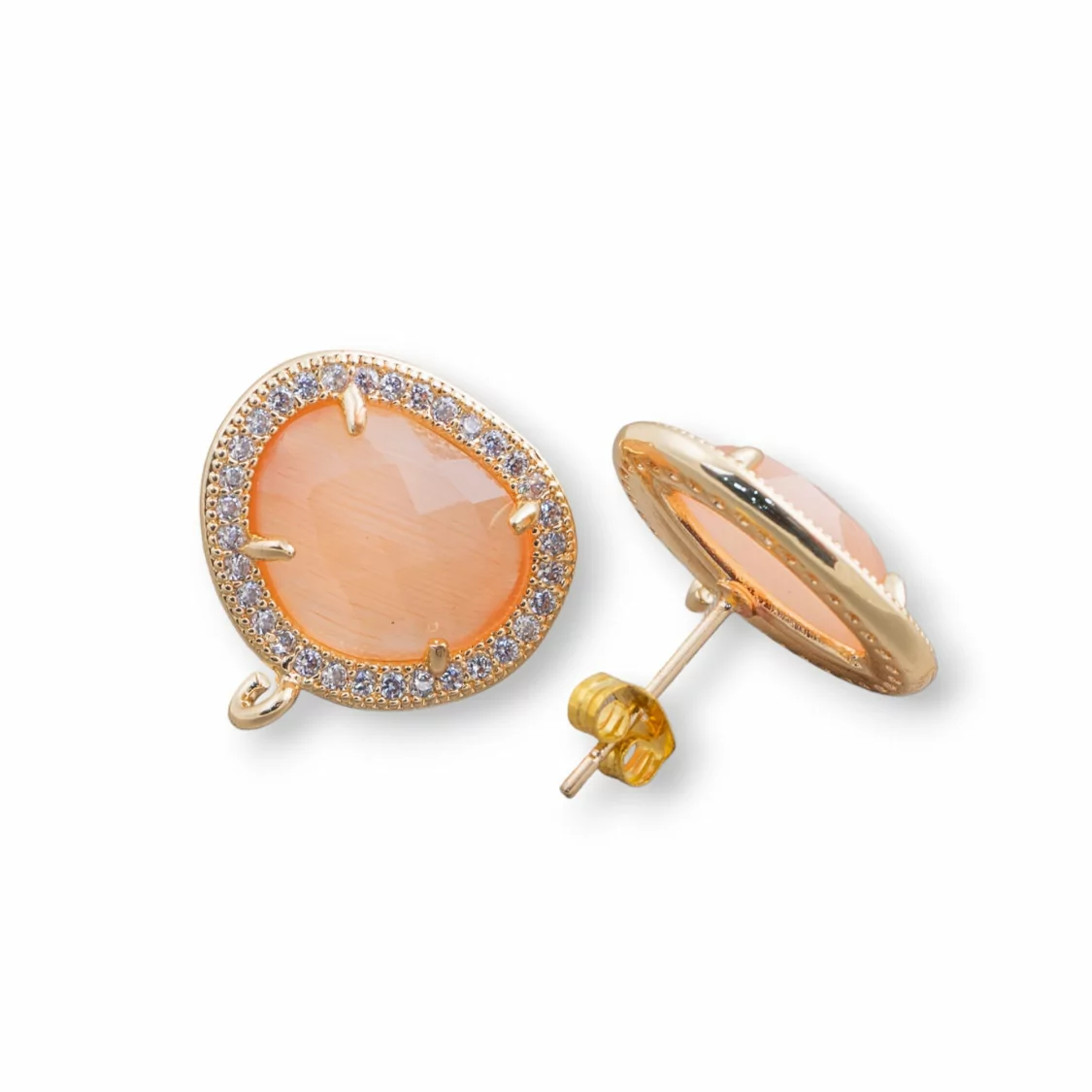 Basi Per Orecchini Di Ottone A Perno Con Cabochon Di Occhio Di Gatto Incastonato E Zirconi Mango 15x18mm 5 Paia Dorato Pesca-BASI CON PIETRE E PERLINE | Worldofjewel.com