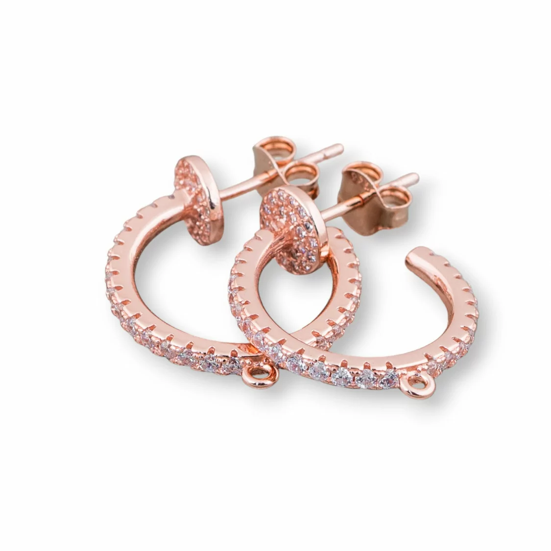 Base Per Orecchini Perno Di Argento 925 Con Zirconi Micropave' A Cerchio 6x18mm 2 Paia Oro Rosa-BASI DI ARGENTO 925 | Worldofjewel.com