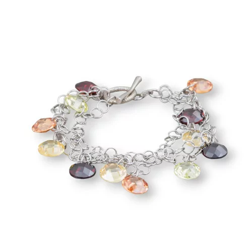 Bracciale Di Argento 925 Catena Rodiata A 3 Fili Con Pendenti Di Zirconi Multicolor E Chiusura A T 20mm-BRACCIALI DI ARGENTO 925 | Worldofjewel.com