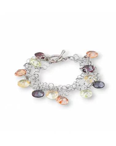 Bracciale Di Argento 925 Catena Rodiata A 3 Fili Con Pendenti Di Zirconi Multicolor E Chiusura A T 20mm-BRACCIALI DI ARGENTO 925 | Worldofjewel.com