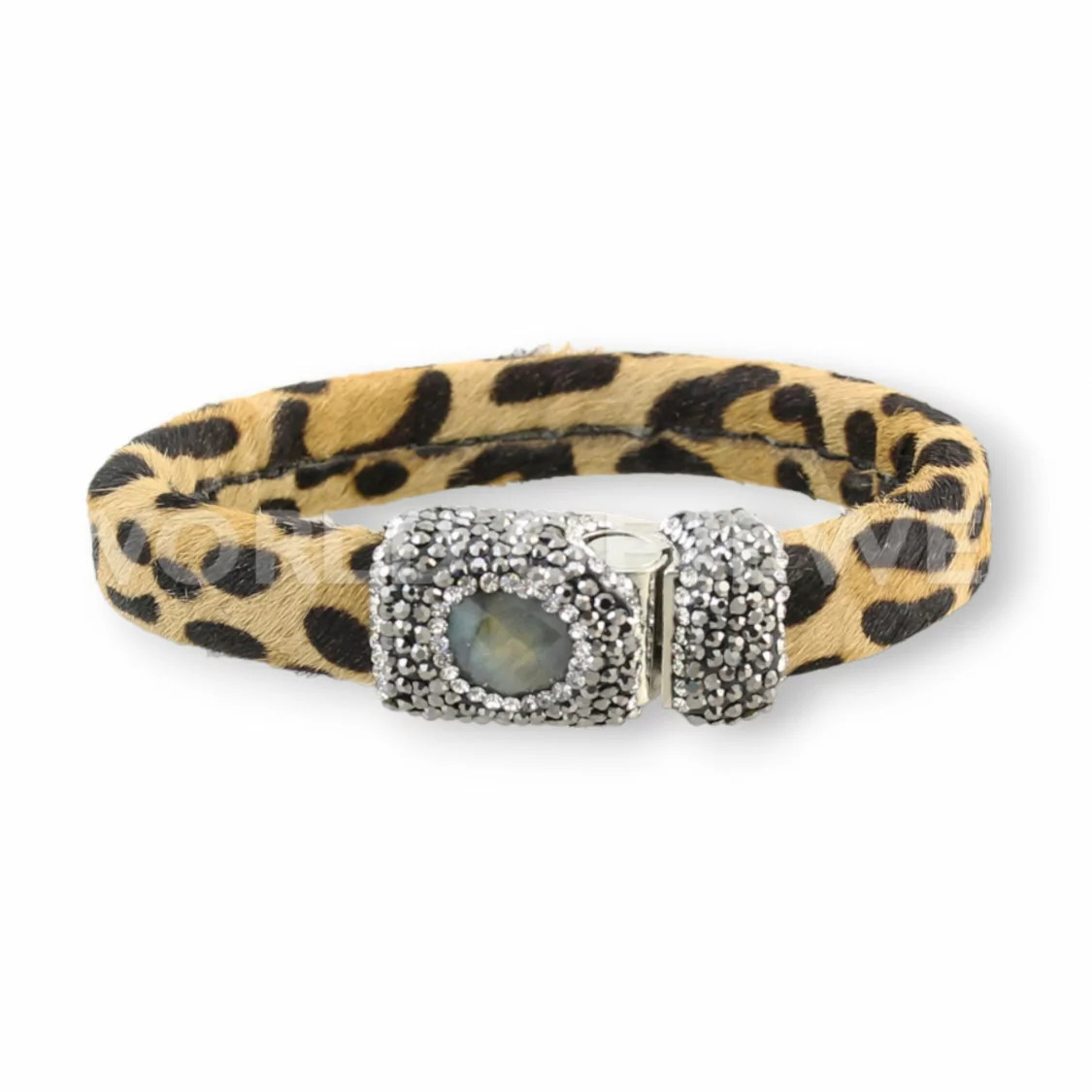 Bracciale Di Pelle Con Centrali Strass Marcasite Chiusura Magnetica - Color Beige Leopardato e Labradorite-BRACCIALI BIJOUX | Worldofjewel.com