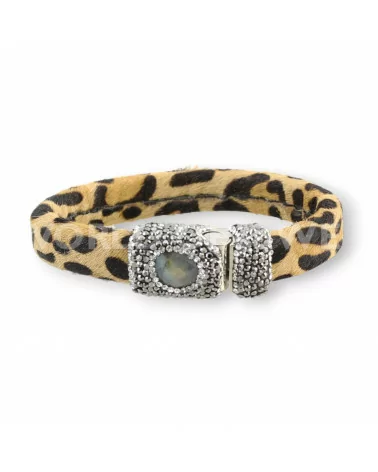 Bracciale Di Pelle Con Centrali Strass Marcasite Chiusura Magnetica - Color Beige Leopardato e Labradorite-BRACCIALI BIJOUX | Worldofjewel.com