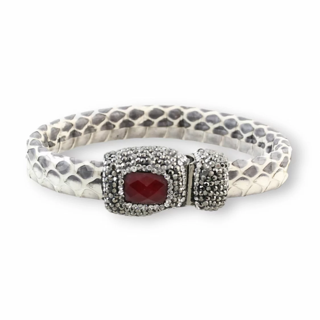 Bracciale Di Pelle Con Centrali Strass Marcasite Chiusura Magnetica - Color Bianco e Giada Rubellite-BRACCIALI BIJOUX | Worldofjewel.com