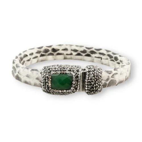 Bracciale Di Pelle Con Centrali Strass Marcasite Chiusura Magnetica - Color Bianco e Giada Smeraldite-BRACCIALI DI ECOPELLE | Worldofjewel.com