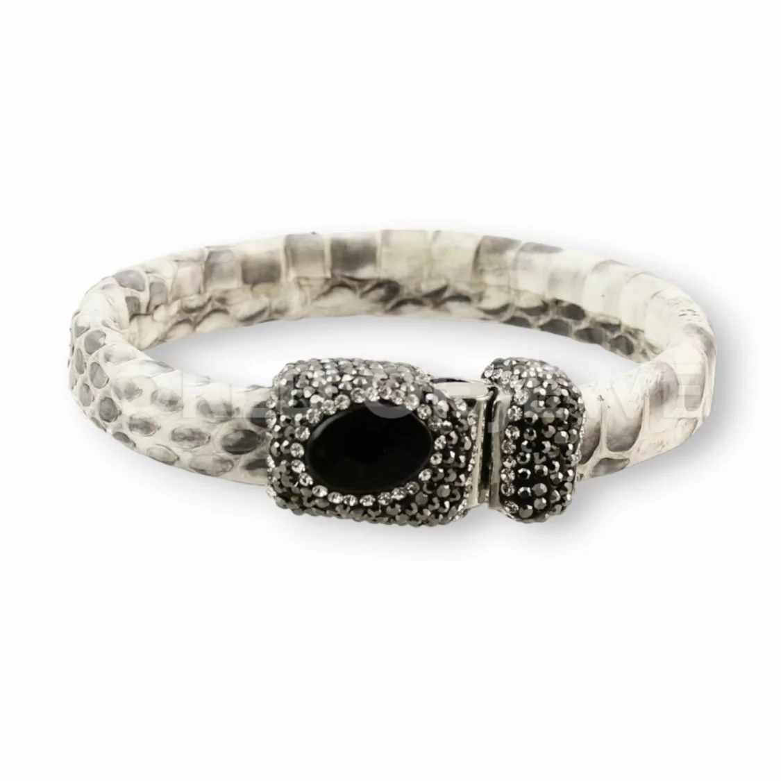 Bracciale Di Pelle Con Centrali Strass Marcasite Chiusura Magnetica - Color Bianco e Onice-BRACCIALI BIJOUX | Worldofjewel.com