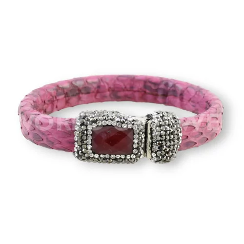 Bracciale Di Pelle Con Centrali Strass Marcasite Chiusura Magnetica - Color Fucsia e Giada Rubellite-BRACCIALI DI ECOPELLE | Worldofjewel.com