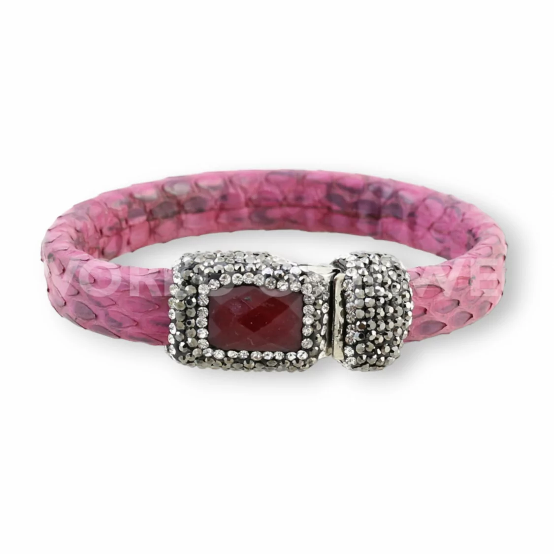 Bracciale Di Pelle Con Centrali Strass Marcasite Chiusura Magnetica - Color Fucsia e Giada Rubellite-BRACCIALI BIJOUX | Worldofjewel.com