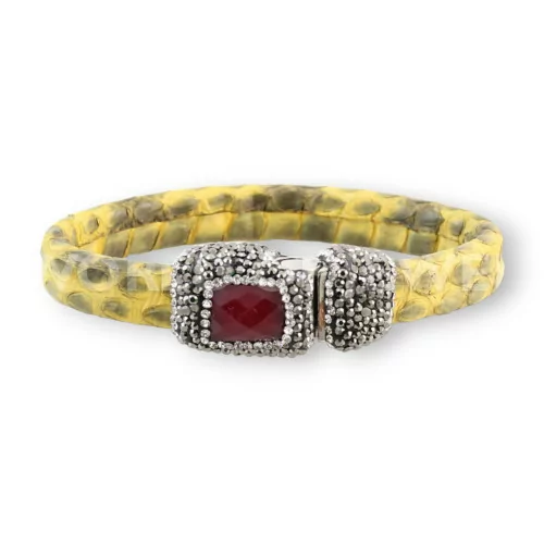 Bracciale Di Pelle Con Centrali Strass Marcasite Chiusura Magnetica - Color Giallo e Giada Rubellite-BRACCIALI DI ECOPELLE | Worldofjewel.com