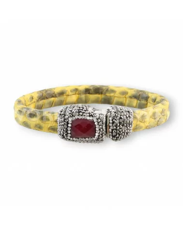 Bracciale Di Pelle Con Centrali Strass Marcasite Chiusura Magnetica - Color Giallo e Giada Rubellite-BRACCIALI DI ECOPELLE | Worldofjewel.com