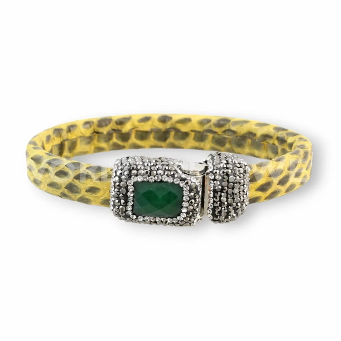 Bracciale Di Pelle Con Centrali Strass Marcasite Chiusura Magnetica - Color Giallo e Giada Smeraldite-BRACCIALI BIJOUX | Worldofjewel.com