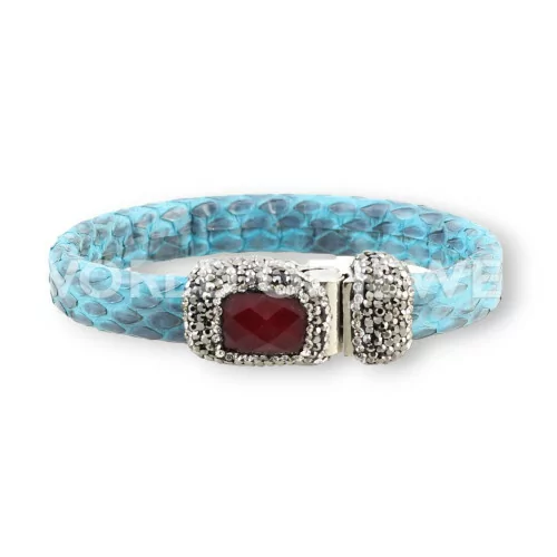 Bracciale Di Pelle Con Centrali Strass Marcasite Chiusura Magnetica - Color Turchese e Giada Rubellite-BRACCIALI DI ECOPELLE | Worldofjewel.com